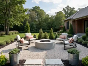 Modern Farmhouse Fire Pit Space - A clean-lined gravel patio with a concrete fire pit, metal chairs, galvanized planters, and modern country-style plantings