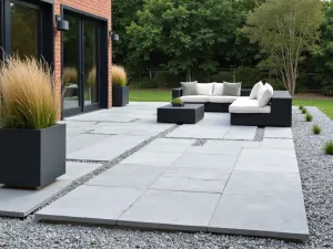 Modern Geometric Paver and Gravel Pattern - Modern patio design with large square concrete pavers arranged in a geometric pattern, surrounded by light gray gravel, featuring sleek outdoor furniture and minimalist planters with ornamental grasses