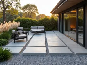 Modern Gravel and Concrete Patio Blend - A minimalist patio design featuring smooth concrete slabs arranged in a geometric pattern, surrounded by light gray gravel, with modern outdoor furniture and tall ornamental grasses, shot during golden hour