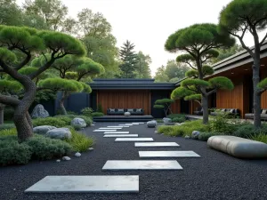 Modern Japanese Gravel Garden - Contemporary interpretation of Japanese garden with black gravel, large stepping stones, cloud-pruned trees, and modern bench seating