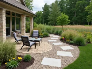 Modern Prairie Gravel Garden - Prairie-style gravel patio with natural limestone elements, featuring ornamental grasses, black-eyed susans, and modern metal furniture