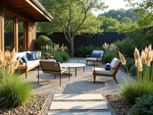 Modern Prairie Gravel Space - A prairie-style pea gravel patio with flowing ornamental grasses, modern metal furniture, and geometric concrete pavers