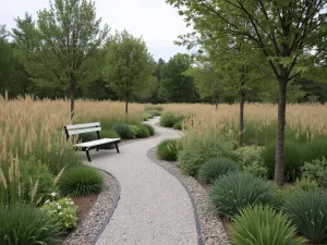 Modern Prairie Style Gravel - Contemporary take on prairie style with flowing grasses, perennial borders, modern metal edging, and architectural seating among fine gravel