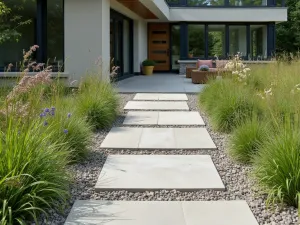 Modern Prairie Style Patio - Large format concrete pavers with prairie grass growing through gravel joints, featuring contemporary furniture and native wildflowers