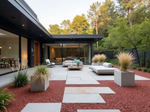 Modern Red Crushed Glass Patio - A contemporary patio featuring crushed red recycled glass gravel, geometric concrete planters with ornamental grasses, clean lines, and minimalist outdoor furniture