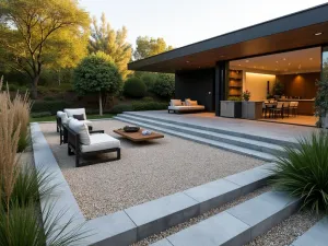 Modern Stone Border Gravel Patio - A contemporary gravel patio with sleek rectangular limestone blocks creating a clean-lined border, minimalist outdoor furniture, and architectural grasses providing texture, photographed at golden hour