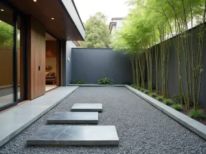 Modern Zen Gravel Garden - Minimalist Japanese-inspired gravel patio with clean lines, large slate stepping stones, and carefully placed bamboo plants, photographed in soft morning light