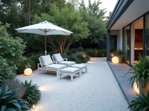 Moonstone White Garden Patio - An ethereal patio with white moonstone gravel, silver-leaved plants, white garden furniture, and cool LED lighting