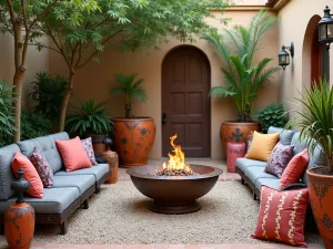 Moroccan Inspired Fire Pit Courtyard - An exotic gravel patio featuring a decorative metal fire bowl, colorful poufs and cushions, lanterns, and Mediterranean plants in painted ceramic pots