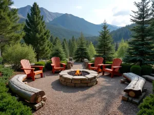 Mountain Lodge Fire Pit Gathering - A rustic gravel patio with a large stone fire pit, surrounded by log benches and Adirondack chairs, with evergreen borders and mountain views