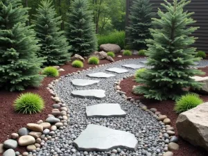 Mountain Lodge Gravel Retreat - Natural slate pavers with river rock gravel, surrounded by native conifers and rustic boulder accents