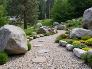 Natural Boulder Border - Large, weathered boulders naturally edging a rustic gravel patio, with alpine plants tucked between rocks, creating a mountain garden feel