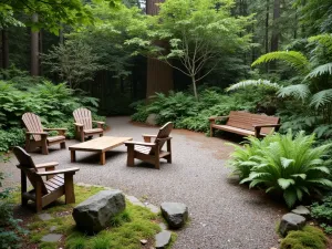 Natural Woodland Gravel Retreat - A naturalistic pea gravel patio surrounded by native ferns and mosses, with reclaimed wood furniture and stone boulder accents