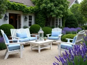 Newport Beach Inspired Patio - Crushed oyster shell and gravel patio with white-painted wooden furniture, blue cushions, and maritime lanterns. Surrounded by lavender and Russian sage