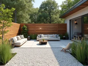 Nordic Light Gravel Garden - Bright modern gravel patio with light wooden screens, white pebbles, and contemporary furniture, accented with silver birch and feather reed grass