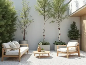 Nordic Minimal Gravel Patio - Scandinavian-inspired gravel space with clean lines, light wooden furniture, and white pebbles. Birch trees provide vertical interest with simple concrete planters