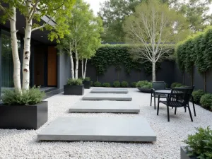 Nordic Minimalist Gravel Garden - Light gray concrete slabs floating in white gravel, with black outdoor furniture, birch trees, and simple geometric planters