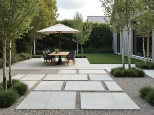 Nordic Minimalist Gravel Patio - Light limestone pavers in structured grid pattern with pale gray gravel, featuring Scandinavian furniture and birch trees