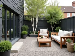 Nordic Minimalist Gravel Space - Scandinavian-inspired gravel patio with clean-lined wooden furniture, white birch trees, and simple geometric planters