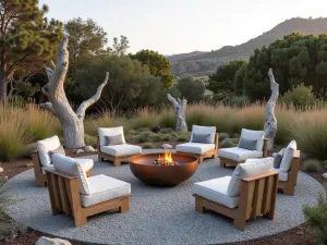 Pacific Coastal Garden - Natural gray gravel patio with driftwood sculptures, featuring modern concrete furniture and copper fire bowl. Surrounded by tall grasses and native coastal plants