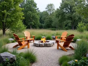 Prairie Style Fire Pit Garden - A natural gravel patio with a boulder fire pit, surrounded by native grasses and wildflowers, featuring wooden Adirondack chairs and prairie-style landscaping