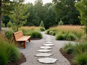 Prairie Style Gravel Garden - Natural prairie-inspired gravel patio with native grasses, wooden bench seating, and geometric stepping stones. Warm-toned gravel complements naturalistic planting