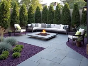 Purple Slate Contemporary Patio - A contemporary patio with purple slate chips, concrete fire pit, modern lounge furniture, and architectural plants