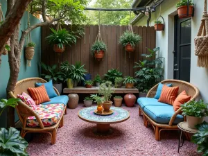 Rainbow Fluorite Crystal Patio - A bohemian patio featuring crushed rainbow fluorite crystal gravel, colorful mosaic furniture, hanging macrame planters