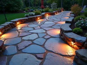 Rainbow River Rock Patio - A natural-looking patio with multicolored polished river rocks in shades of blue, red, and amber, arranged in flowing patterns with built-in LED lighting