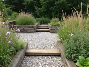 Reclaimed Wood Beam Border - Weathered wooden beams laying horizontally to edge a casual gravel patio, with wildflowers and native grasses creating a natural look