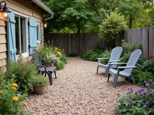 Rustic Mixed Pebble Patio - A country-style patio with mixed-size colored pebbles, vintage metal furniture, wildflower borders, and mason jar lighting