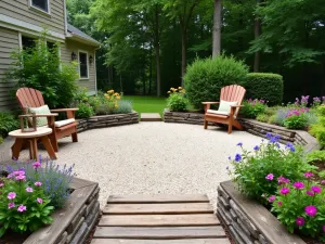 Rustic Railroad Tie Gravel Edge - Weathered railroad ties forming a natural border around a light-colored gravel patio, with cottage garden flowers spilling over the edges, creating a casual country atmosphere