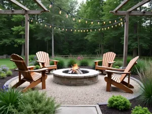 Rustic River Rock Fire Pit Haven - A natural-looking gravel patio with a river rock fire pit, surrounded by weathered Adirondack chairs, bordered by native wildflowers and ornamental grasses, with string lights overhead