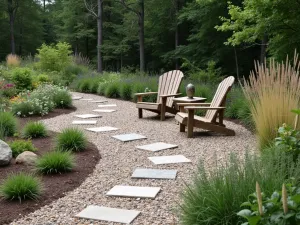 Rustic Natural Stone and River Rock Patio - Irregular flagstone pavers set in river rock gravel, surrounded by native wildflowers and ornamental grasses, with rustic wooden furniture