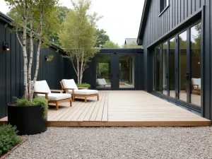 Scandinavian Gravel Garden - Clean-lined Scandinavian gravel patio with light wooden decking inserts, white outdoor furniture, and birch trees in black planters, creating a serene modern space