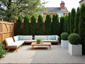 Scandinavian Minimalist Gravel Garden - A clean-lined Scandinavian pea gravel patio with light wooden furniture, white planters, and sculptural evergreens