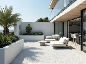 Seaside Modern Minimalist - Pure white gravel patio with sleek contemporary furniture in gray and white, featuring geometric planters with architectural plants. Clean lines and coastal simplicity