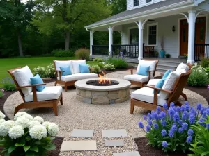 Seaside Stone Haven - Mixed-size beach pebble and gravel patio with built-in fire pit, featuring weathered teak furniture and coastal blue accessories. Bordered by white hydrangeas and blue agapanthus