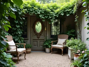 Secret Garden Gravel Hideaway - Intimate gravel patio enclosed by climbing vines, with vintage ironwork screen and antique mirrors. Mixed pea gravel creates soft base with collected garden artifacts