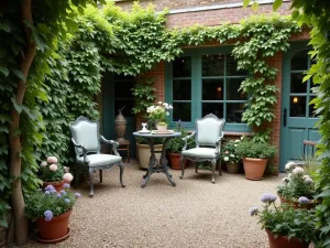 Secret Garden Gravel Nook - Intimate gravel patio enclosed by climbing vines and flowering shrubs, with vintage metal furniture and antique garden accessories