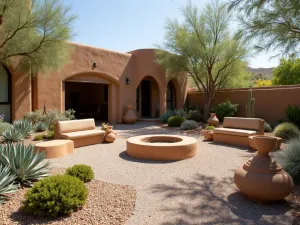 Southwest Gravel Courtyard - Adobe-style gravel patio with built-in adobe benches, Mexican pottery, and drought-resistant plants including yucca and sage