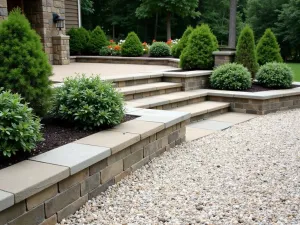 Stepped Stone Block Border - Large stone blocks creating a stepped edge between different levels of gravel patio, with compact evergreen shrubs adding structure