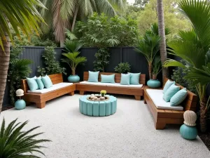 Tropical Coastal Paradise - White coral gravel patio with built-in wooden benches, surrounded by tropical plants and palms. Features turquoise ceramic accessories and shell decorations