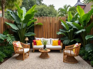 Tropical Gravel Paradise - Exotic gravel patio with bamboo screening, large-leaved tropical plants, and colorful rattan furniture