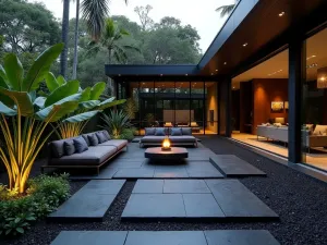 Tropical Modern Gravel Garden - Dark basalt slabs set in black volcanic gravel, with tropical plants, contemporary lounge furniture, and dramatic lighting