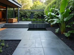 Tropical Modern Paver Paradise - Large format dark granite pavers with black volcanic gravel, surrounded by tropical plants and contemporary water feature