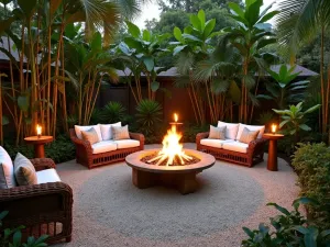 Tropical Paradise Fire Pit Oasis - An exotic gravel patio featuring a tiki-style fire pit, surrounded by tropical plants, rattan furniture, and bamboo torches