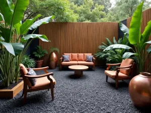 Tropical Paradise Gravel Corner - Exotic gravel patio with bamboo screening, large-leaved tropical plants, and carved wooden furniture. Black volcanic gravel creates dramatic base with copper accessories