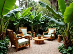 Tropical Paradise Gravel Patio - A lush tropical pea gravel patio surrounded by banana plants and bird of paradise, featuring bamboo furniture and tiki torches