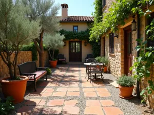 Tuscan Courtyard Patio - Aged terracotta pavers mixed with Mediterranean gravel, featuring olive trees in terracotta pots, wrought iron furniture, and climbing vines